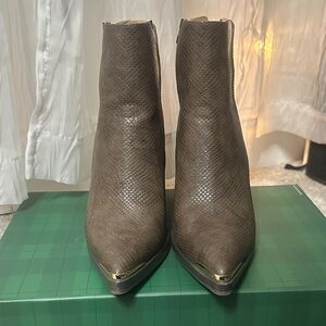 Charles By Charles David Taupe Pointed Toe Ankle Booties with Gold Toe Caps